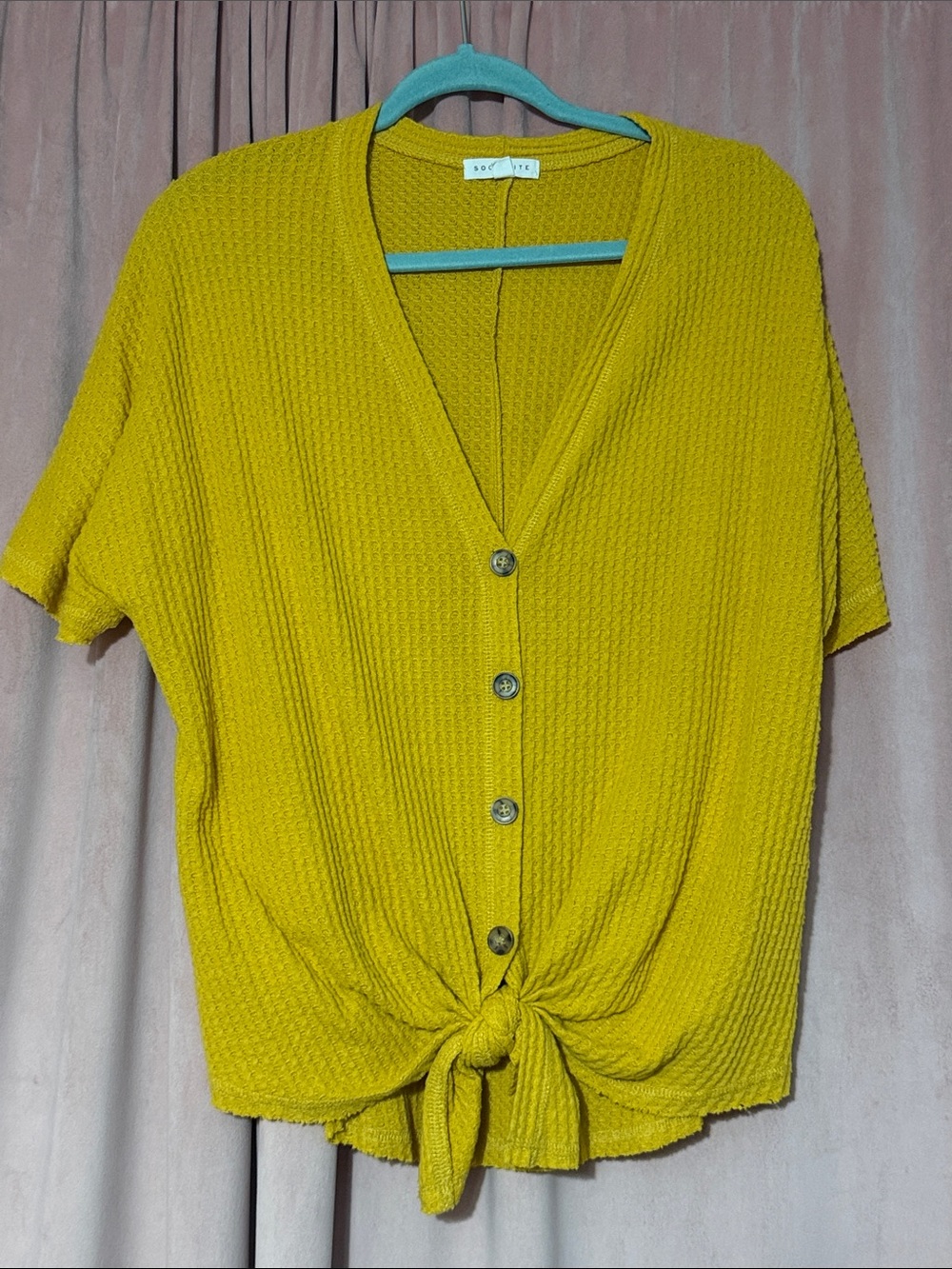 Socialite Mustard Knit Button-Front Tie Hem Short Sleeve Top
